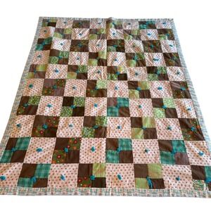 Handmade Patchwork Tied Quilt Brown Pink Green Floral Cottagecore Throw 39x49